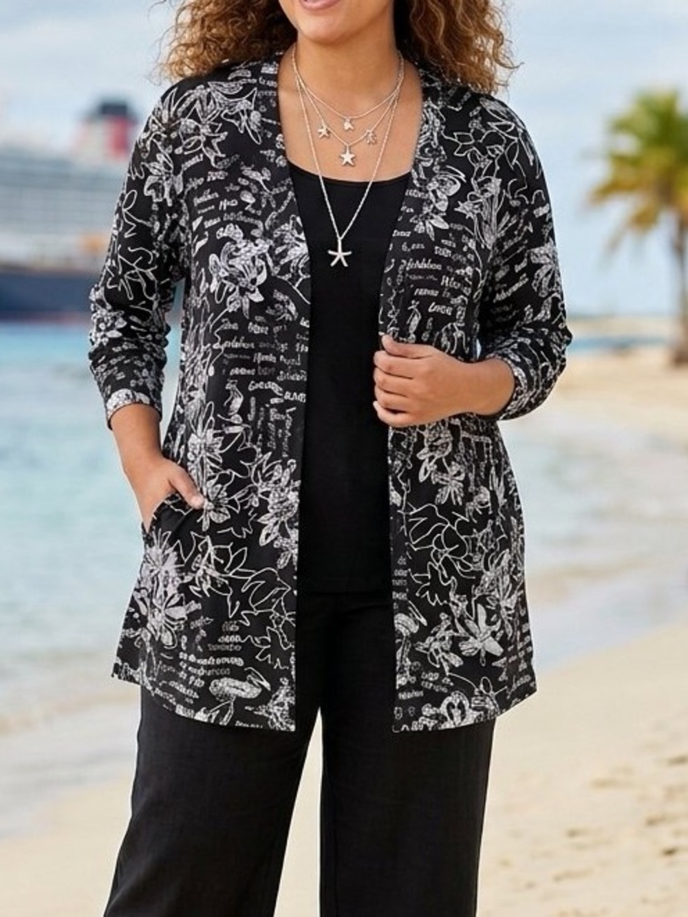 Vikki Vi Slinky Knit Cardigan Floral Black White Women's Plus Size 3X Travel